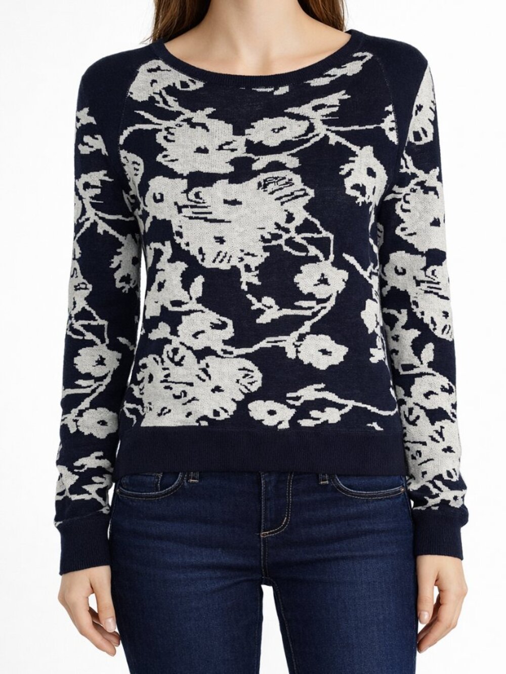 Joan Vass Indigo Floral Boatneck Cotton Sweater NWT Size 0 Side Zip